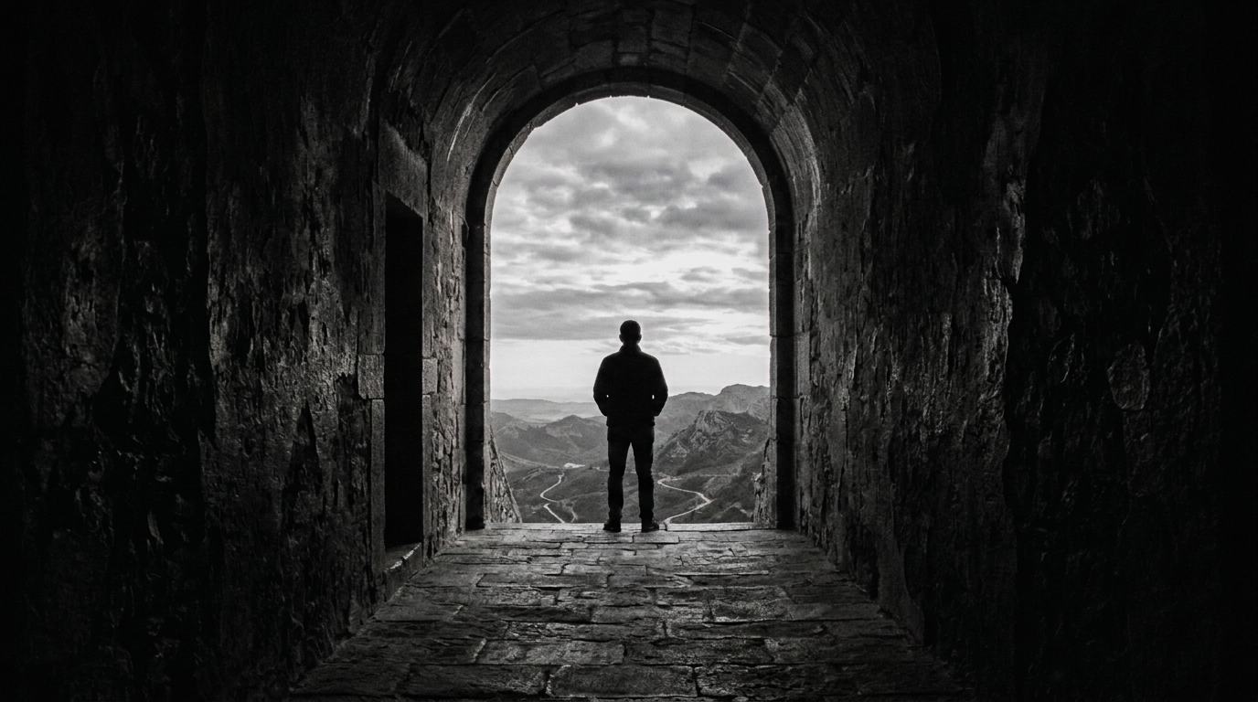 Person standing in a stone archway overlooking mountains and winding roads
