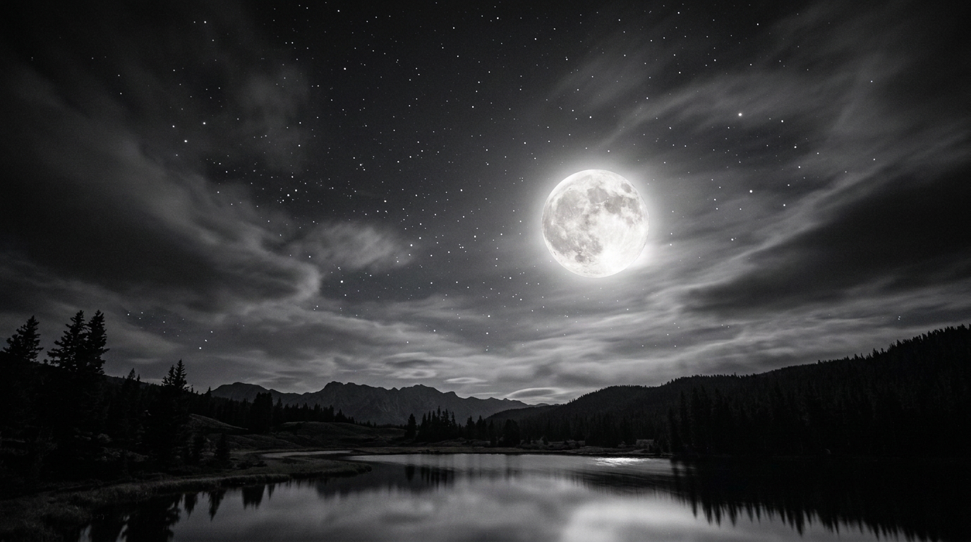 Full moon over a reflective mountain lake surrounded by forests