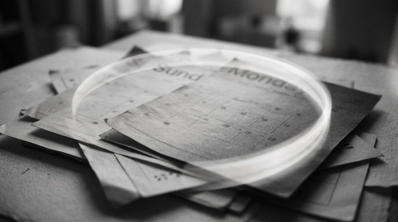Overlapping calendar pages on a table beneath warm circular light