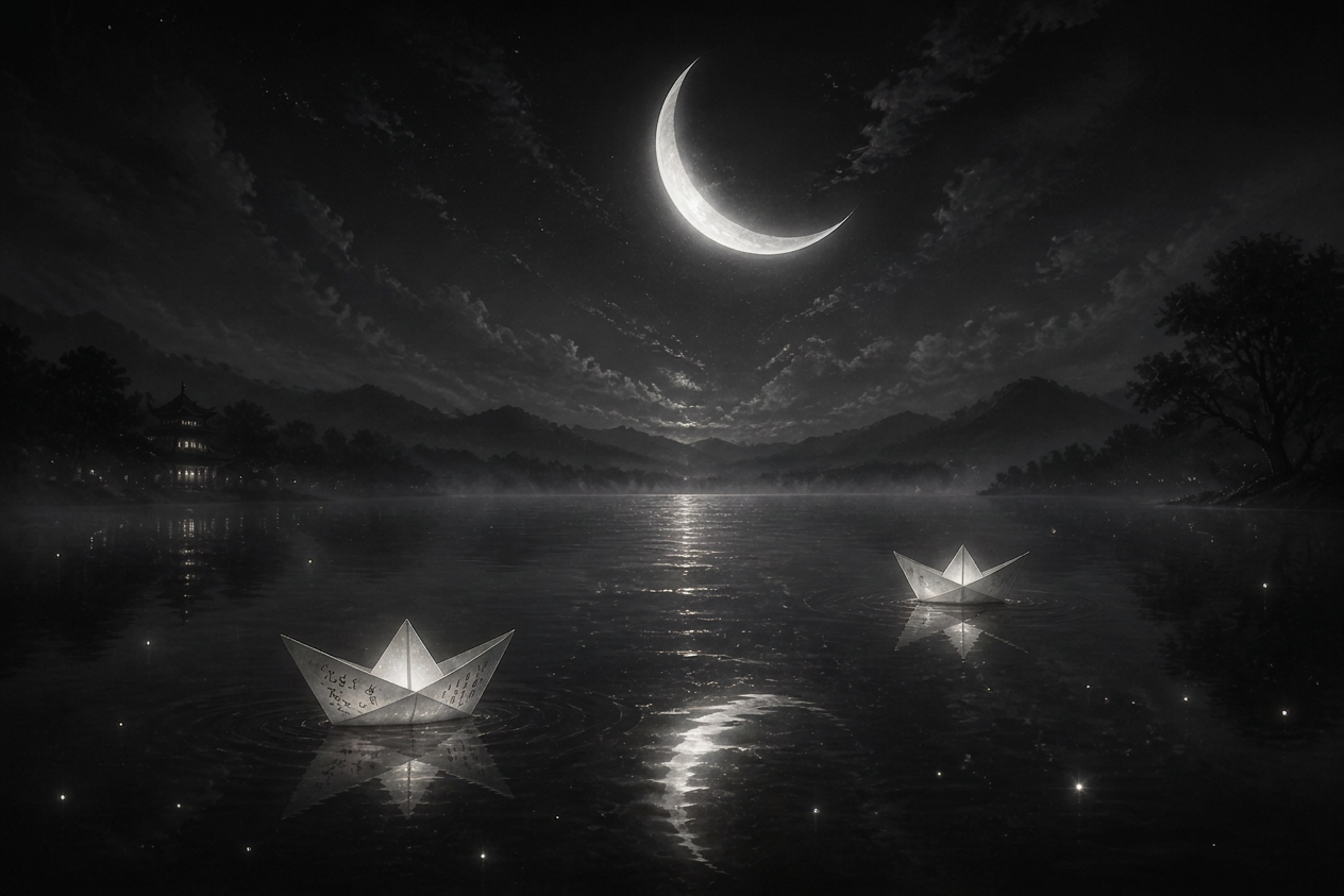 Two glowing paper boats float on a moonlit lake beneath a crescent moon
